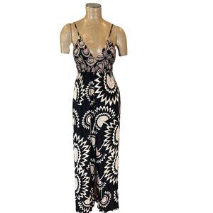 Angie BOHO Floral Wide Leg Jumpsuit Cutout Back Tie Sz M Black Multicolor 143S